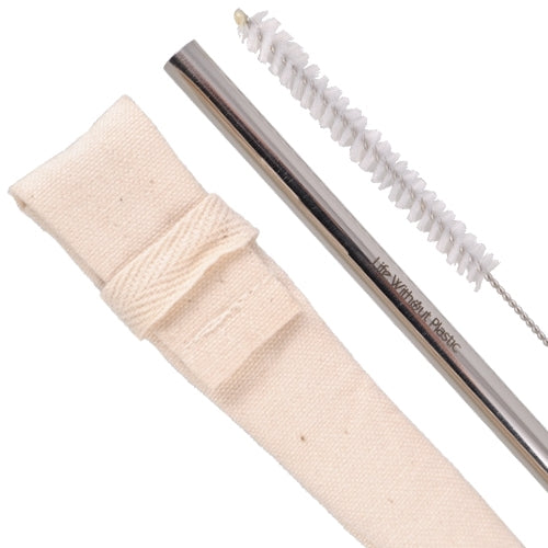 Paille en acier inoxydable dans un étui en coton biologique avec brosse de nettoyage