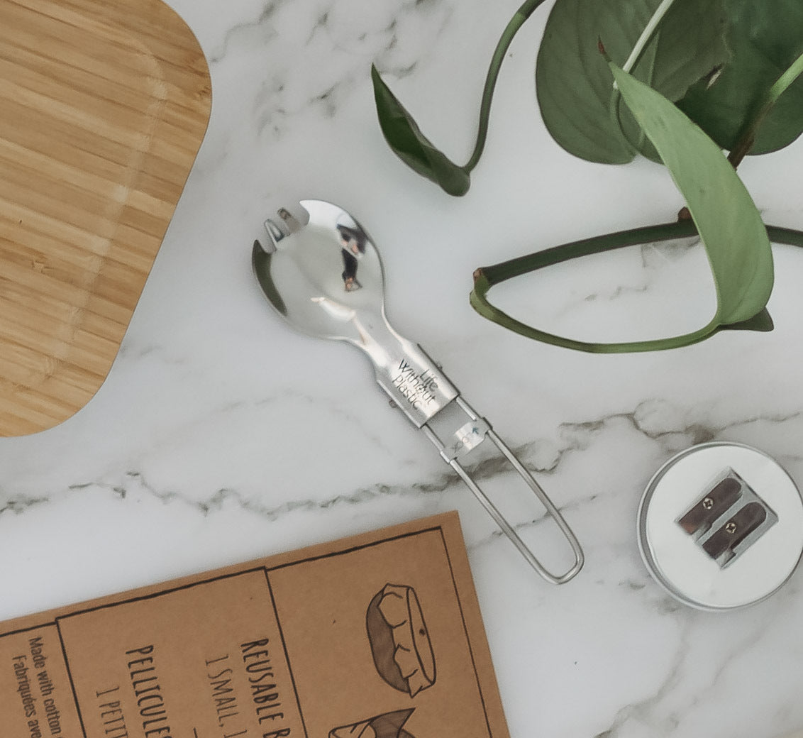 Cuillère-fourchette pliante en acier inoxydable avec pochette en coton biologique LWP